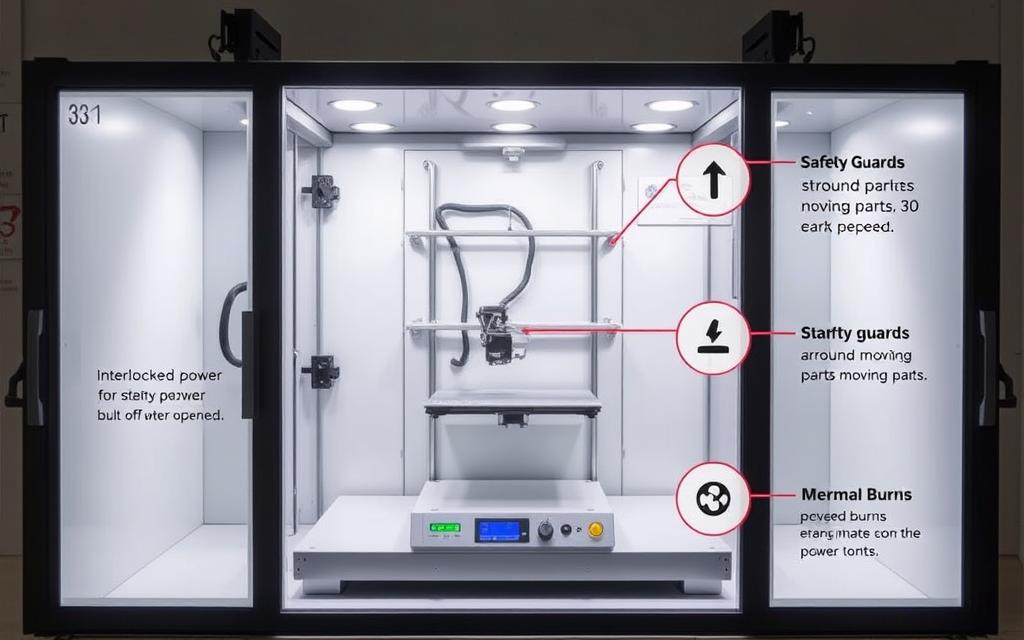 A well-lit 3D printer enclosed in a transparent safety cabinet, with various safety features prominently displayed. The cabinet has sliding doors and an interlocked power system that shuts off the printer when opened. Inside, the printer has a sturdy metal frame, safety guards around moving parts, and thermal insulation to prevent burns. The build plate and nozzle are visible, showcasing the printer's precision engineering. The scene has a clean, technical aesthetic, with a neutral color palette that highlights the engineering details. Soft, directional lighting casts subtle shadows, emphasizing the three-dimensional form of the safety features. A well-lit 3D printer enclosed in a transparent safety cabinet, with various safety features prominently displayed. The cabinet has sliding doors and an interlocked power system that shuts off the printer when opened. Inside, the printer has a sturdy metal frame, safety guards around moving parts, and thermal insulation to prevent burns. The build plate and nozzle are visible, showcasing the printer's precision engineering. The scene has a clean, technical aesthetic, with a neutral color palette that highlights the engineering details. Soft, directional lighting casts subtle shadows, emphasizing the three-dimensional form of the safety features.